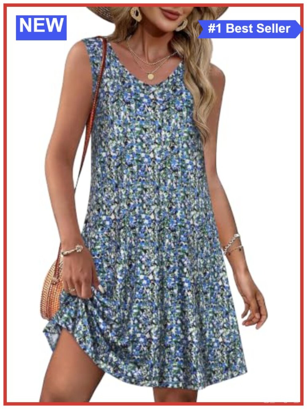 Womens Summer Dress V Neck Sleeveless Pockets Flowy A-Line Sundress